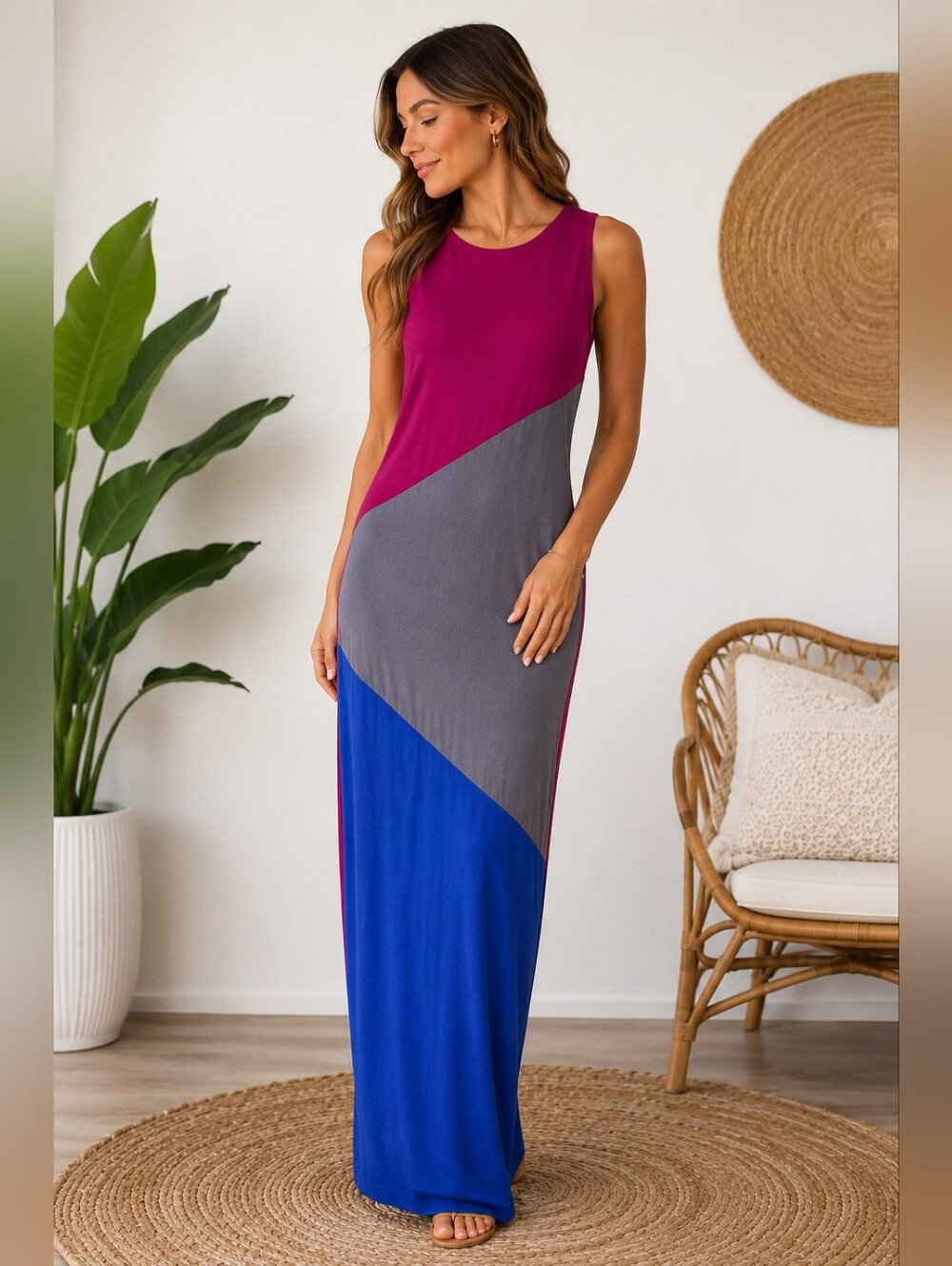 SHEIN Magenta, Gray & Royal Blue Colorblock Sleeveless Maxi Dress
